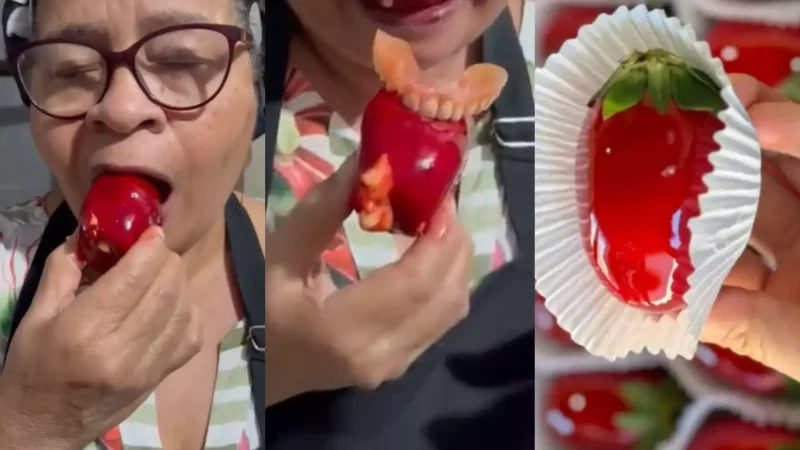 Senhora quase perde a dentadura ao provar morango do amor