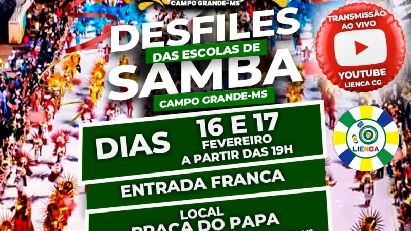 Carnaval 2026 com ensaios e desfiles das escolas de samba