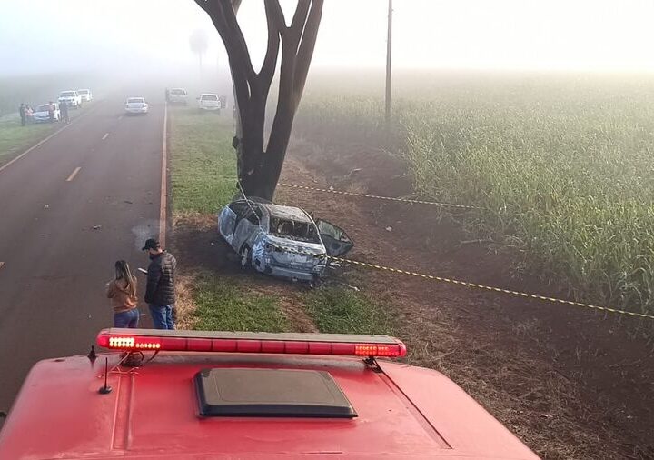 Duas pessoas morrem após carro atingir árvore e incendiar na região de Dourados