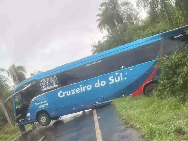 Ônibus fica atravessado e bloqueia rodovia